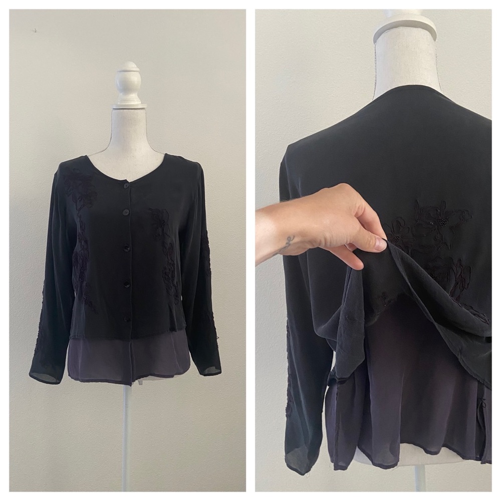 Vintage black silk embroidered beaded button jacket top medium